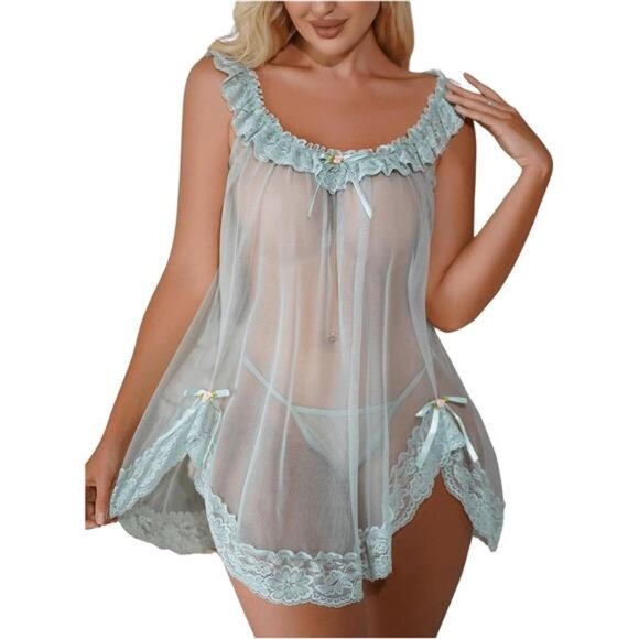 Women's 2 Piece Mesh Sheer Floral Lace Slip Dress Light Green - Picture 1 of 4